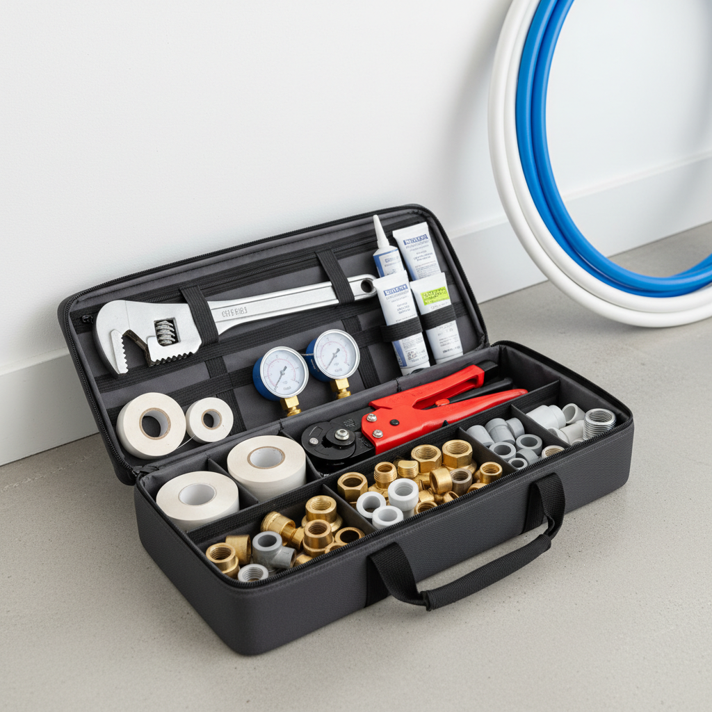 A professional-grade sanitary service toolkit neatly opened on a clean, light gray concrete floor, featuring organized compartments with pipe wrenches, teflon tape, silicone cartridges, PVC cutter, pressure gauges, and assorted brass and PVC fittings commonly used in Montevideo installations. Nearby, coiled white and blue PEX tubes rest against a simple white wall. Overhead, bright but diffused studio lighting creates crisp, minimal shadows and highlights the textures of metal, plastic, and rubber. Shot from a slightly elevated angle with sharp focus throughout, the composition feels modern, precise, and trustworthy, reinforcing a professional brand identity for a sanitary services business website.