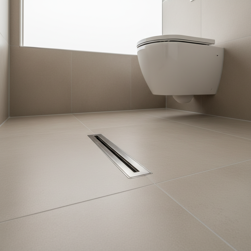 A polished, freshly tiled bathroom floor in neutral beige, with a perfectly centered stainless steel linear drain aligned with the grout lines, demonstrating precision in sanitary installation. Nearby, a neatly installed floor-mounted toilet base is anchored without visible imperfections, and silicone joints are smooth and uniform. Overhead diffused lighting reflects softly on the slightly textured tiles, enhancing their matte finish while avoiding glare. Captured from a low, slightly angled perspective, the composition emphasizes alignment, level surfaces, and professional finishing details, creating a calm, orderly atmosphere that communicates high-quality sanitary services, ideal for a portfolio or service showcase image.