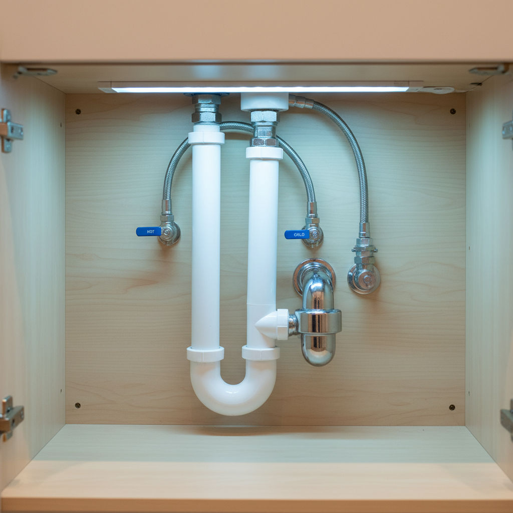A detailed under-sink view in a well-lit kitchen cabinet, showing a professional sanitary installation with white PVC drain pipes, a chrome trap, and clearly labeled shutoff valves connecting to flexible braided hoses. The interior of the cabinet is clean, with smooth light wood panels and no signs of moisture or damage, emphasizing proper maintenance. Cool, even LED lighting from above casts minimal shadows, making each connection point visible. Photographed with a slightly low angle and moderate depth of field, the composition centers on the junctions and fittings, highlighting quality workmanship in repairs, installations, and leak prevention, aligned with a clean, modern, photographic realism style.