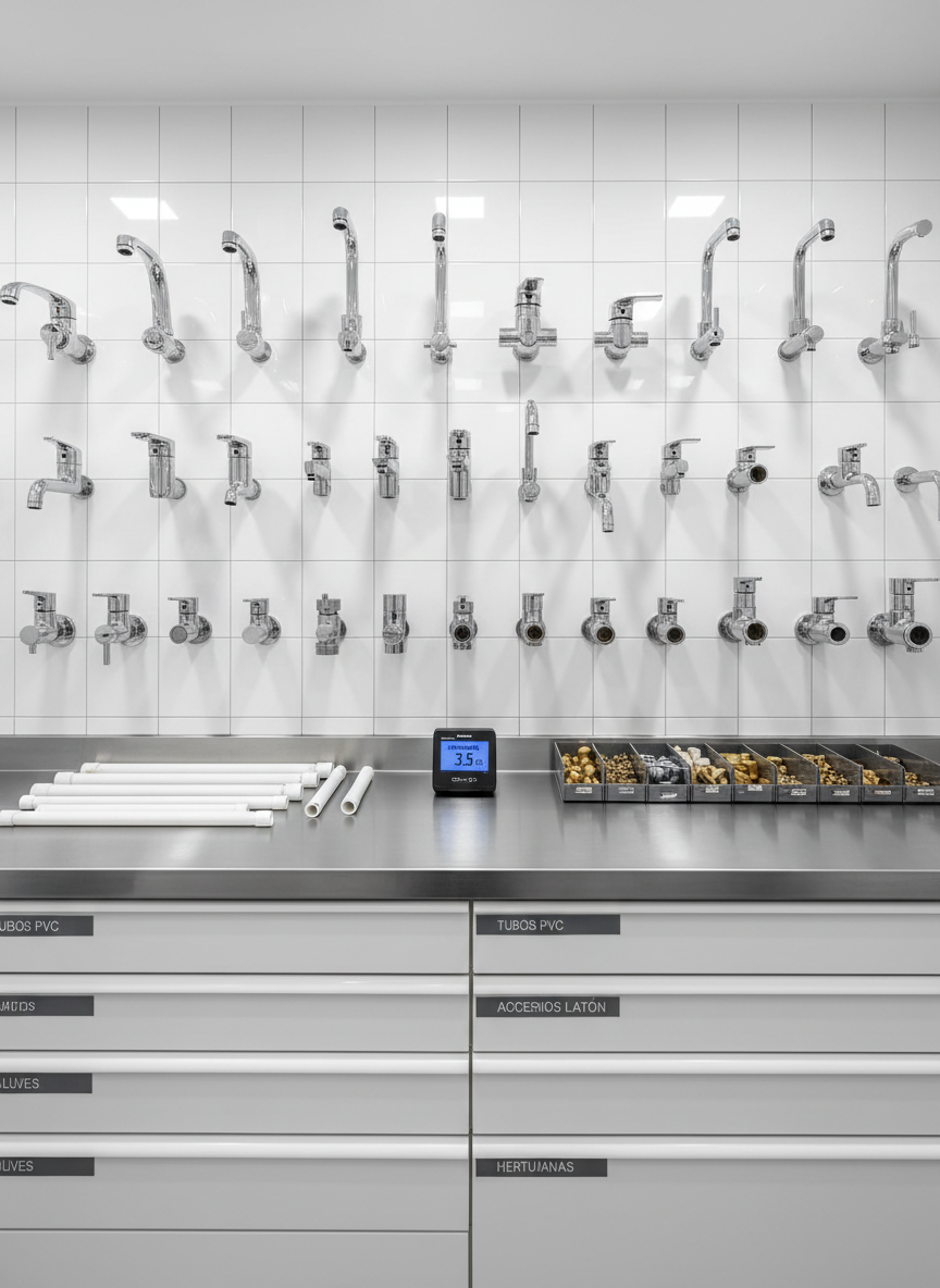 A meticulously organized wall of gleaming chrome plumbing fixtures mounted on a pristine white tiled wall, showcasing modern faucets, valves, and connectors used in sanitary installations. Below, a clean stainless steel workbench holds neatly arranged PVC pipes in different diameters, brass fittings, and a digital pressure gauge. The space resembles a professional Montevideo workshop, with subtle Spanish labels on drawers. Soft, diffused overhead lighting eliminates harsh shadows, highlighting the cleanliness and order. Photographed at eye level with sharp focus throughout, the composition feels professional and trustworthy, embodying photographic realism and a clean, modern aesthetic suitable for a sanitary services homepage hero image.