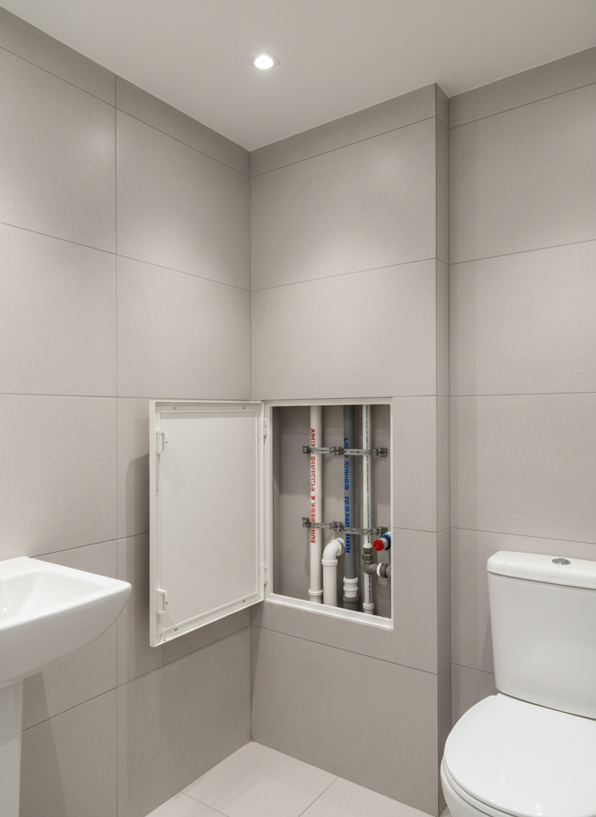 An immaculate modern bathroom corner featuring newly installed sanitary pipes visible through an open inspection hatch in the wall, with labeled PVC lines for hot and cold water neatly aligned and secured with metal brackets. The surrounding walls are covered in light gray, matte ceramic tiles, and a white toilet base and pedestal sink sit nearby, perfectly level. Neutral, diffused ceiling lighting illuminates the scene evenly, emphasizing clarity and order. Shot at a slightly wide angle, eye-level composition, the image shows the relationship between visible fixtures and hidden piping, conveying transparency and technical expertise in installations and repairs for Montevideo properties.