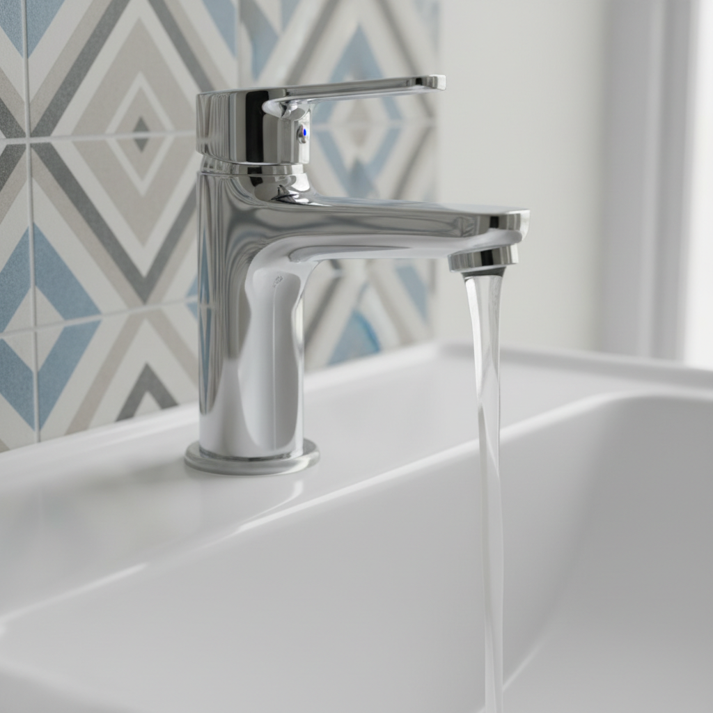 A close-up, photographic realism shot of a shiny chrome faucet perfectly installed on a spotless white porcelain sink, with a precise bead of transparent silicone sealing the base. The faucet reflects subtle hints of blue and gray from nearby ceramic tiles, arranged in a neat, contemporary pattern. A gentle stream of clear water flows smoothly, indicating correct pressure and alignment. Soft natural daylight comes from an unseen window to the side, creating delicate highlights on the metal and subtle shadows on the sink. Captured from a slightly elevated angle with shallow depth of field, the focus is on the quality of the sanitary installation, conveying reliability, professionalism, and meticulous workmanship.